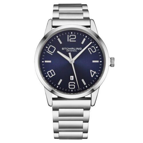 Stuhrling 4021 2 Classic Stainless Steel Date Blue Dial Mens Watch