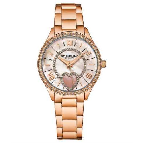 Stuhrling 4019 2 Saylor Mother of Pearl Quartz Heart Accented Womens Watch - Dial: White, Band: Rose Gold, Bezel: Rose Gold