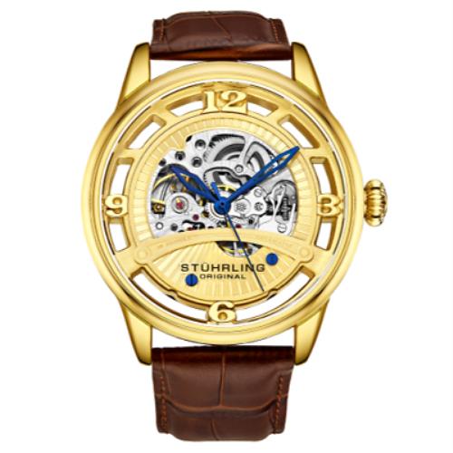 Stuhrling 3974 2 Legacy Automatic Skeleton Brown Leather Strap Mens Watch - Dial: Gold, Band: Brown