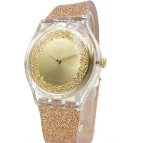 Swiss Swatch Sparklingot Transparent Gold Glitter Silicone Watch 34m GE285