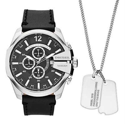Diesel Men`s 51mm Mega Quartz Steel Leather Chrono Watch Necklace Set DZ4559