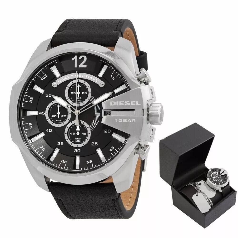 Diesel Mega Chief Men`s Black Leather Silver Chronograph Watch Necklace DZ4459