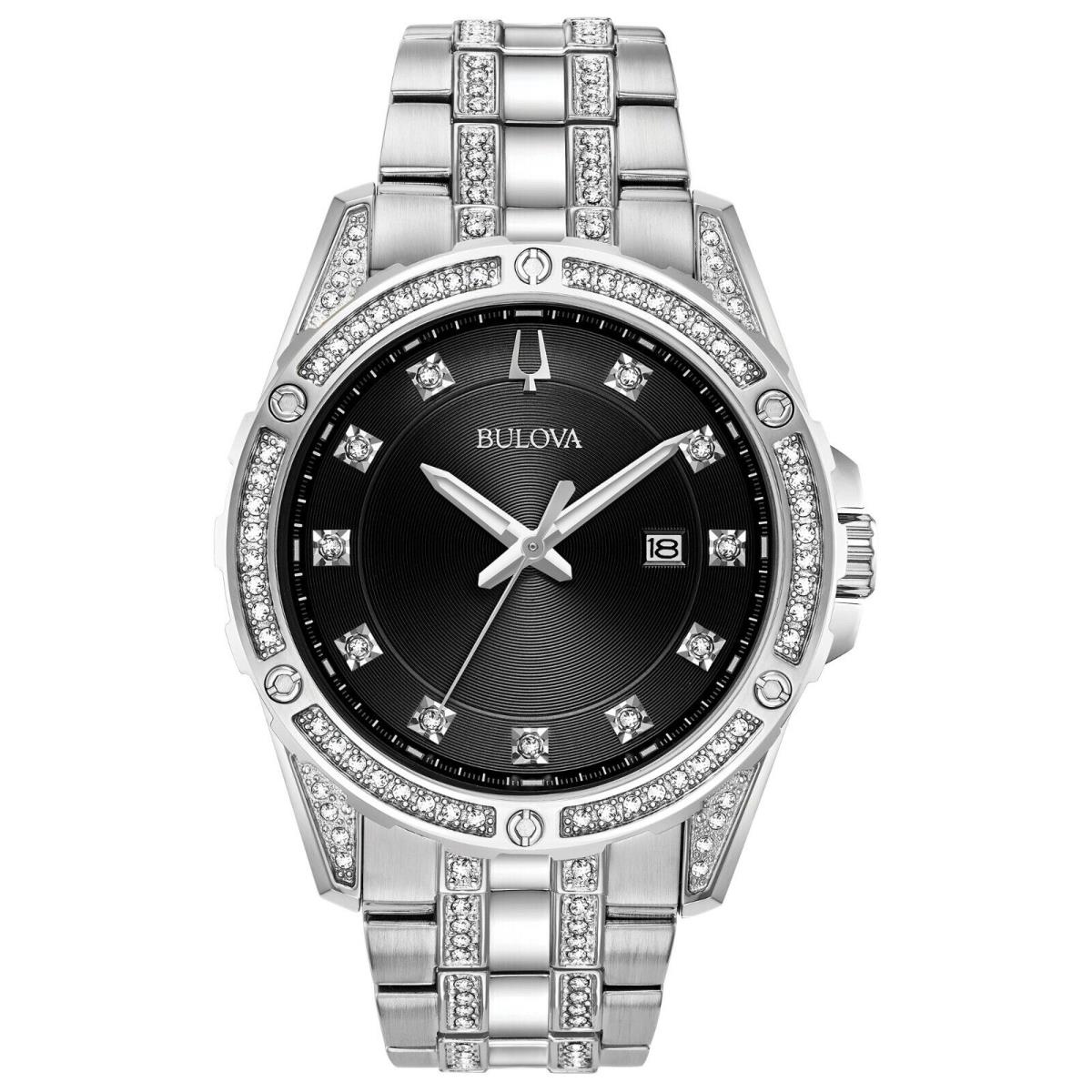 Bulova Men`s Crystal Bul Quartz Silver Stainless Steel Date Watch 43 MM 96K104