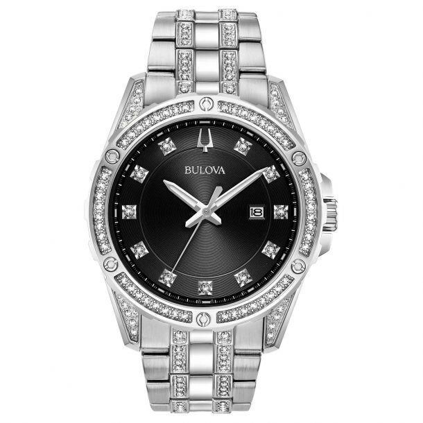 Bulova Men`s Quartz Crystal Accent Date Calendar Black Dial 43mm Watch 96K104 - Dial: Black, Band: Silver, Bezel: Silver