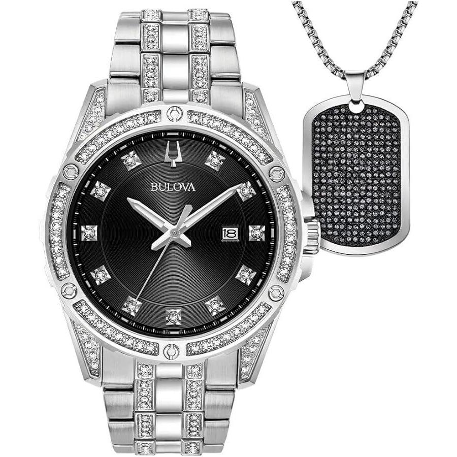 Bulova Men`s Classic 43mm Quartz Watch 96K104 - Dial: Black, Band: Silver, Other Dial: Black