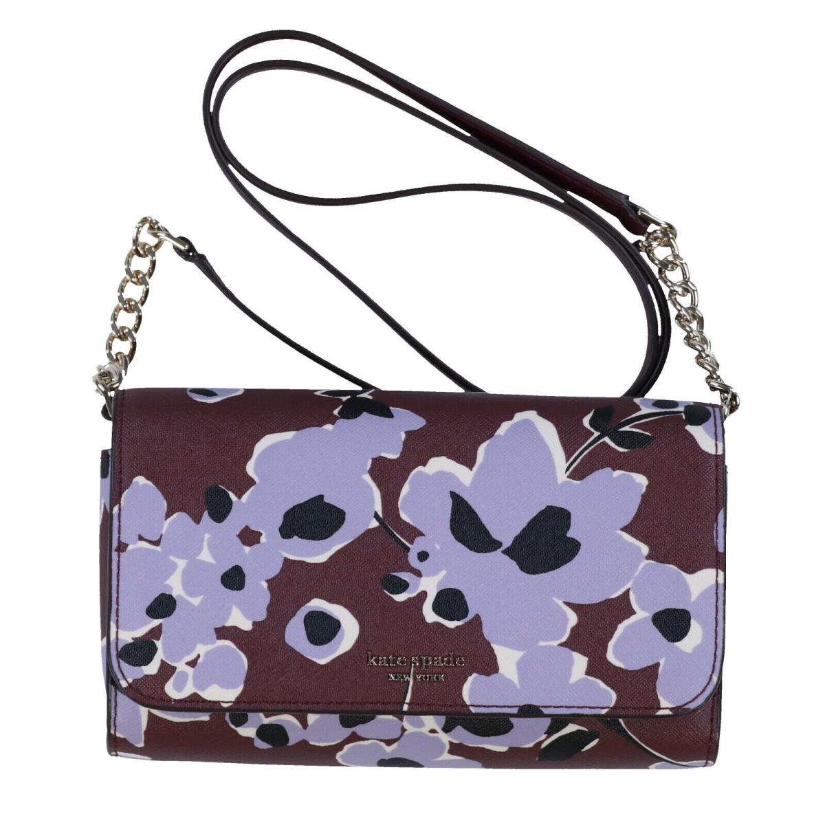 Kate Spade New York Cameron Crossbody Purse Bag Small Flap Leather Handbag New Brown Purple Flowers