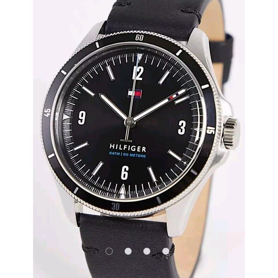 Tommy Hilfiger Men`s Watch Black Dial Black Leather Band 1791904