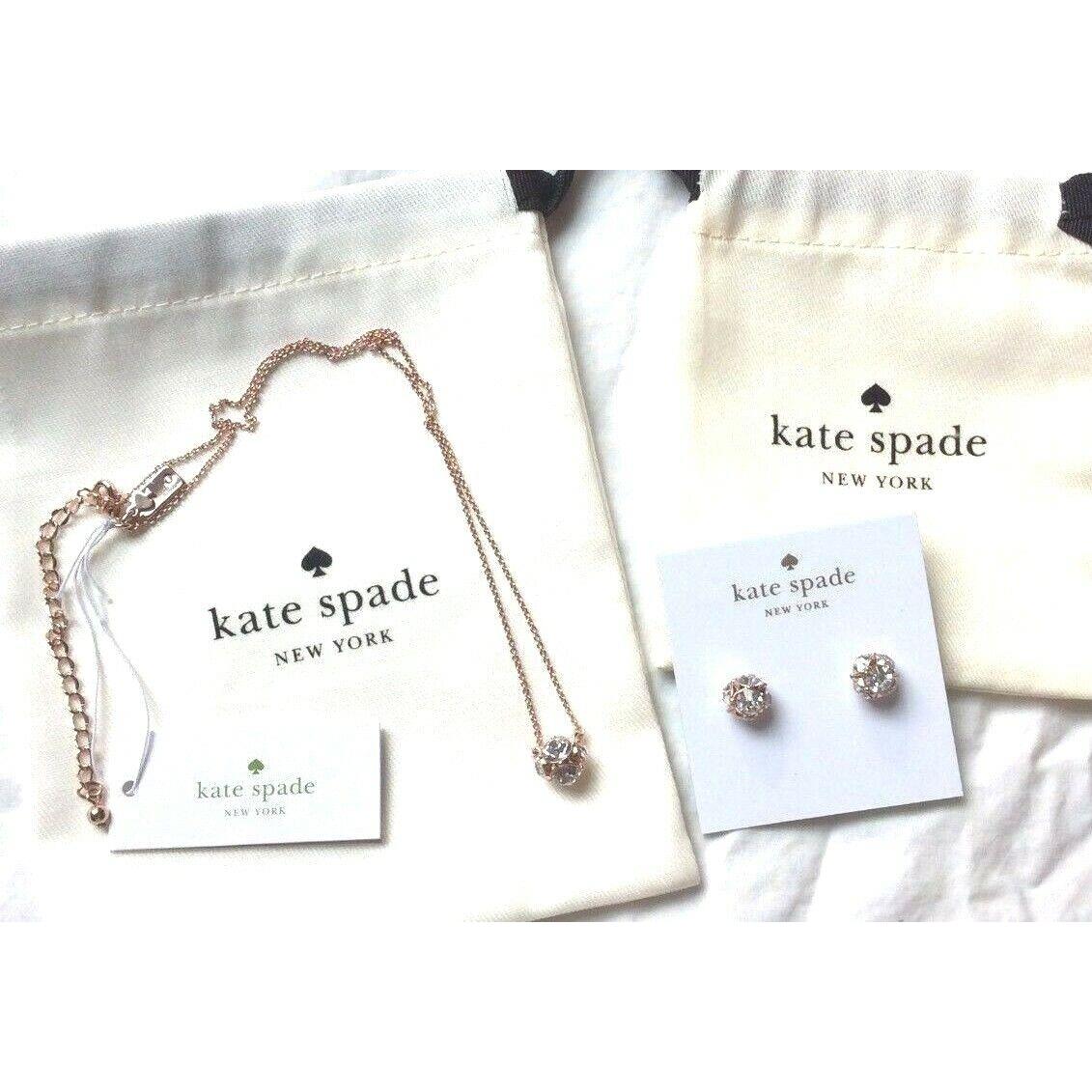 Kate Spade Marmalade Stud Earrings + Necklace Crystal Set Diamond Gold Wedding