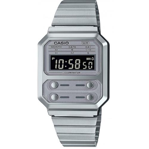 Casio Vintage A-100WE-7B Silver Resin Band Digital Men`s Watch