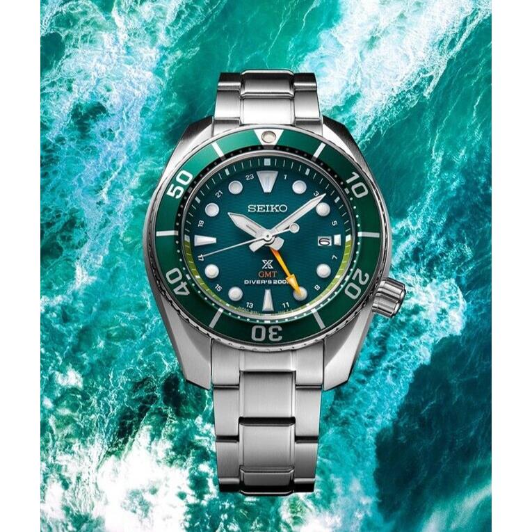 Seiko Prospex Gmt Sea Solar Green Dial Steel Men`s Watch SFK003J1