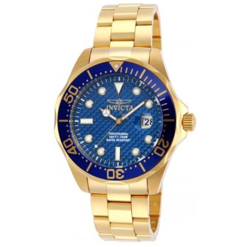 Invicta Pro Diver Men`s 47mm Blue Carbon Fiber Dial Gold Stainless Watch 14357 - Dial: Blue, Band: Gold, Yellow, Bezel: Blue, Gold, Yellow