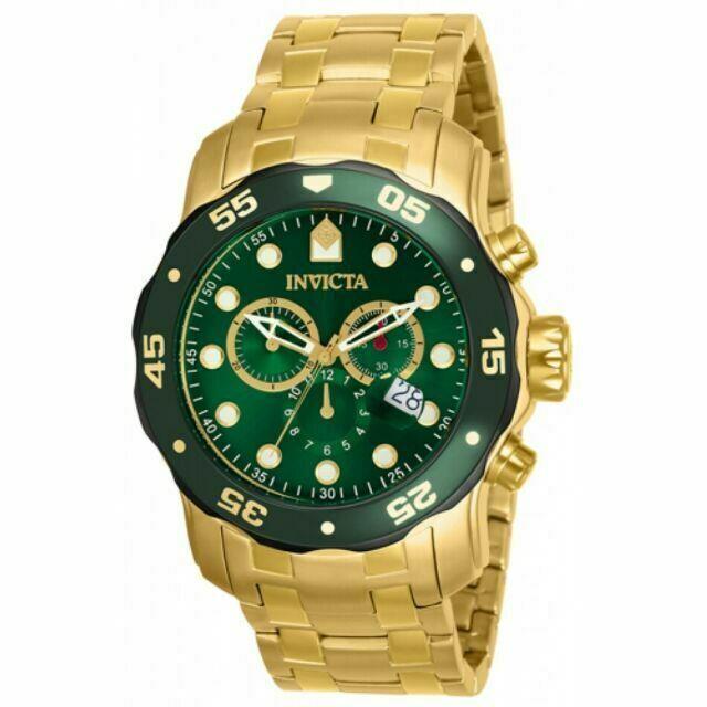 Men`s Invicta Pro Diver Chronograph Green Dial 18kt Gold-plated Watch 80072