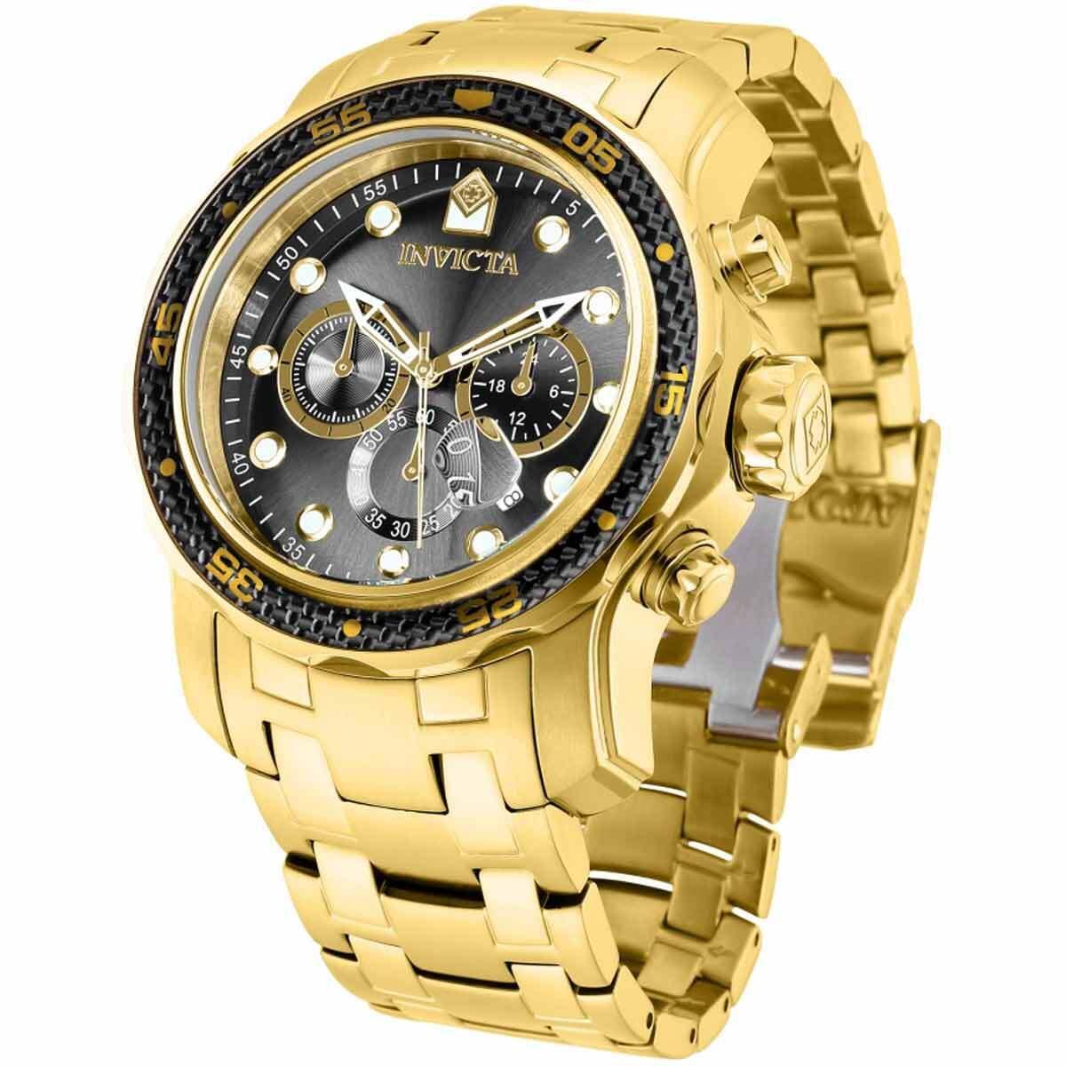 Invicta Men`s Watch Pro Diver Quartz Chrono Black and Gold Dial Bracelet 35398 - Dial: Black, Band: Yellow