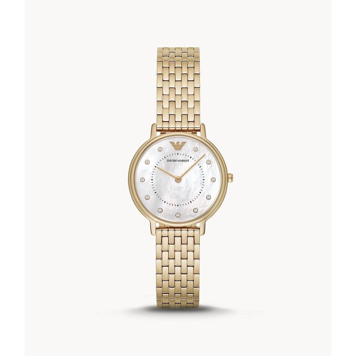 Emporio Armani Women`s Kappa Stainless Steel Analog Quartz Watch - Dial: White Mother of Pearl, Band: Gold, Bezel: Gold