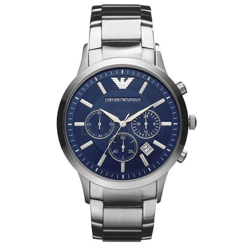 Emporio Armani AR5860 Stainless Steel Chronograph Blue Dial Men`s Watch - Blue Dial, Silver Band, Silver Bezel