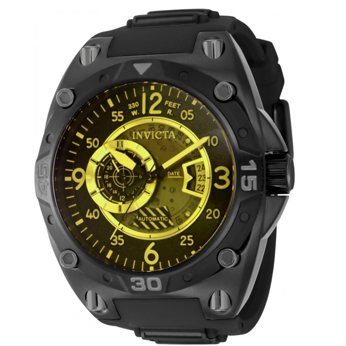 Invicta Aviator Automatic Men`s 50mm Deep Radar Yellow Tinted Watch 40288 - Dial: Black, Yellow, Band: Black, Bezel: Black, Gray