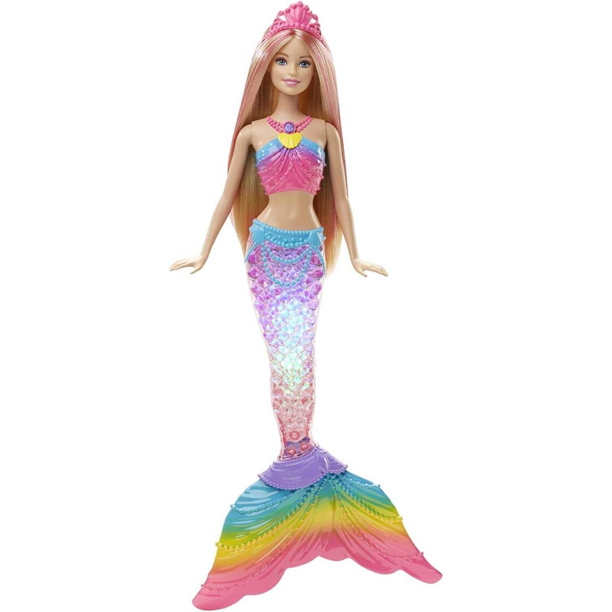 Mermaid Barbie Doll with Light-up Rainbow Tail Colorful Look with Tiara Barbie