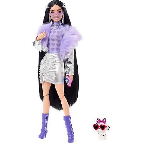 Barbie Extra Fashion Doll with Black Hair Metallic Silver Jacket Pet Dog 15 - Black , Silver