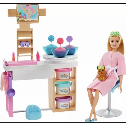 Barbie Face Mask Spa Day Playset Blond Doll Puppy 3 Tubs Dough 10+ Accessories