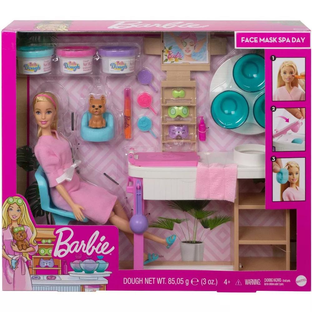 Barbie Face Mask Spa Day Playset Blonde Doll Puppy Molding Toy Dough