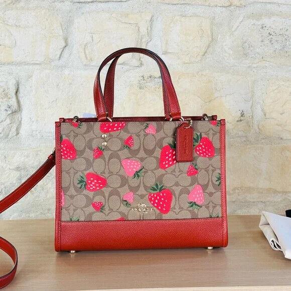 Coach Dempsey Carryall Signature Canvas Leather Wild Strawberry Print/wallet