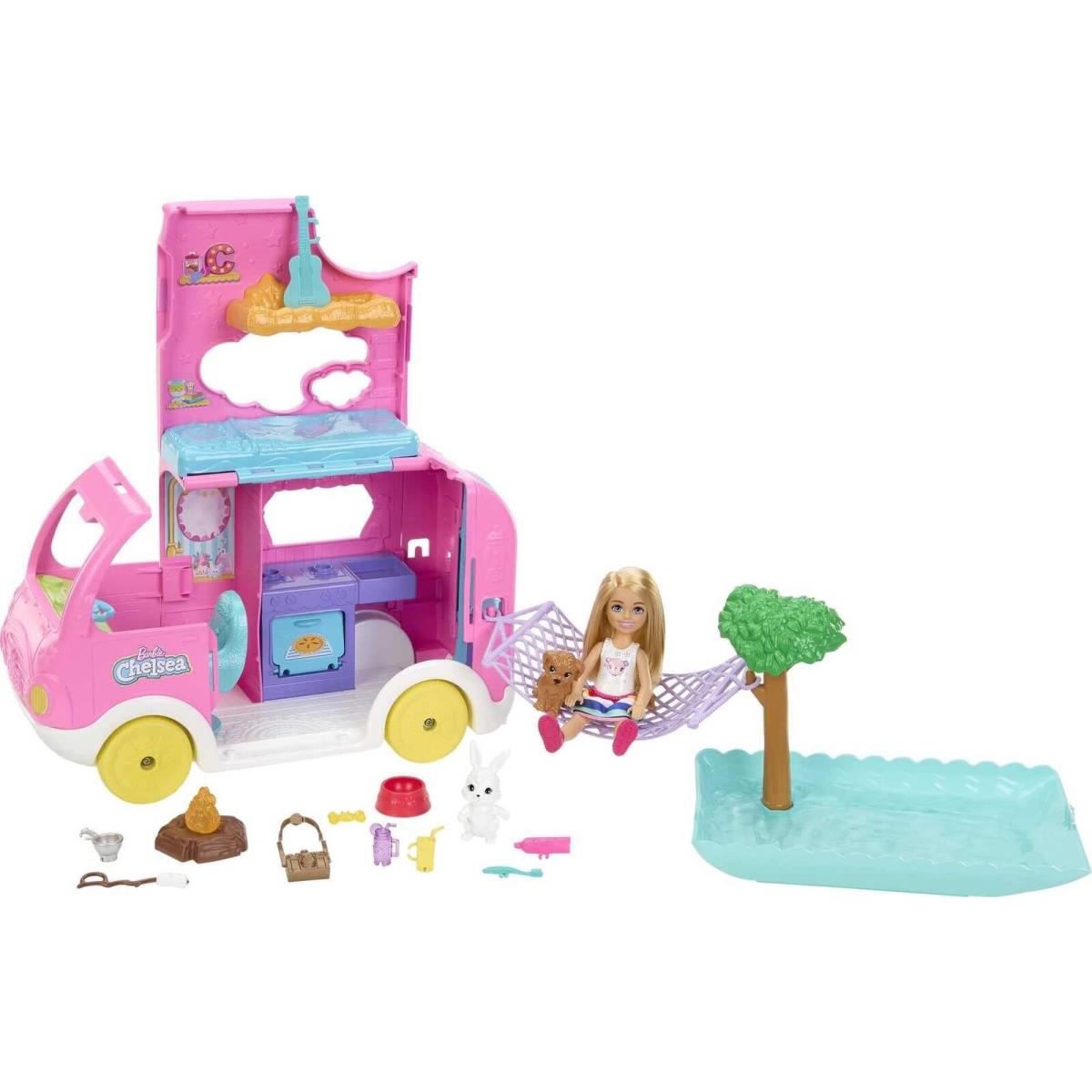 Barbie Camper Chelsea 2-in-1 Playset with Small Doll 2 Pets 15 Accessories