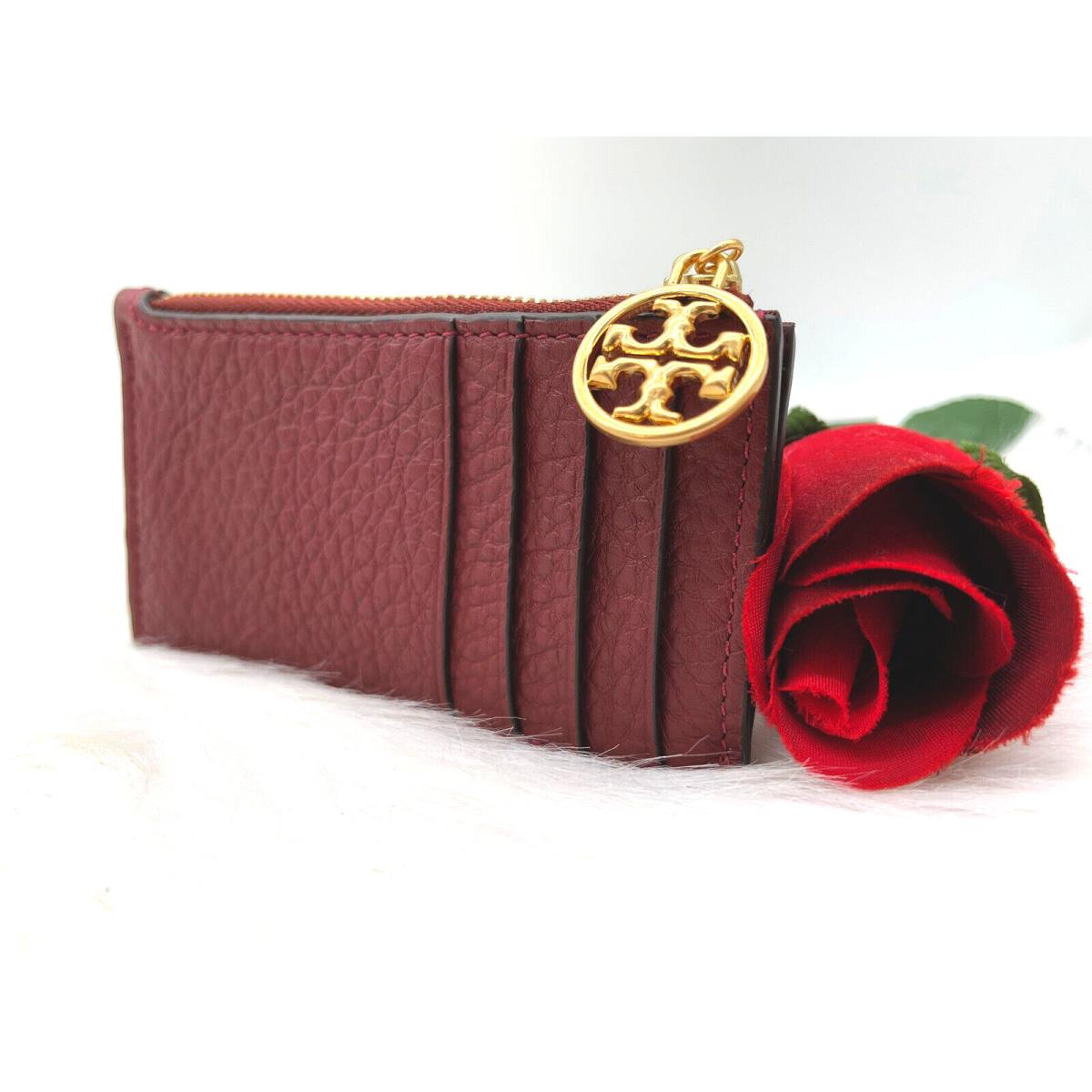 Tory Burch Miller Top-zip Pebbled Leather Card Case In Autumn Red