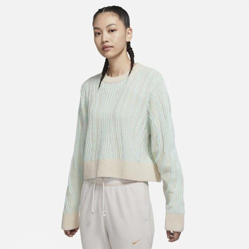 Nike Yoga Luxe Wool Blend Womens Cover Up Knit Crew Sweater Mint Sand Sz Medium