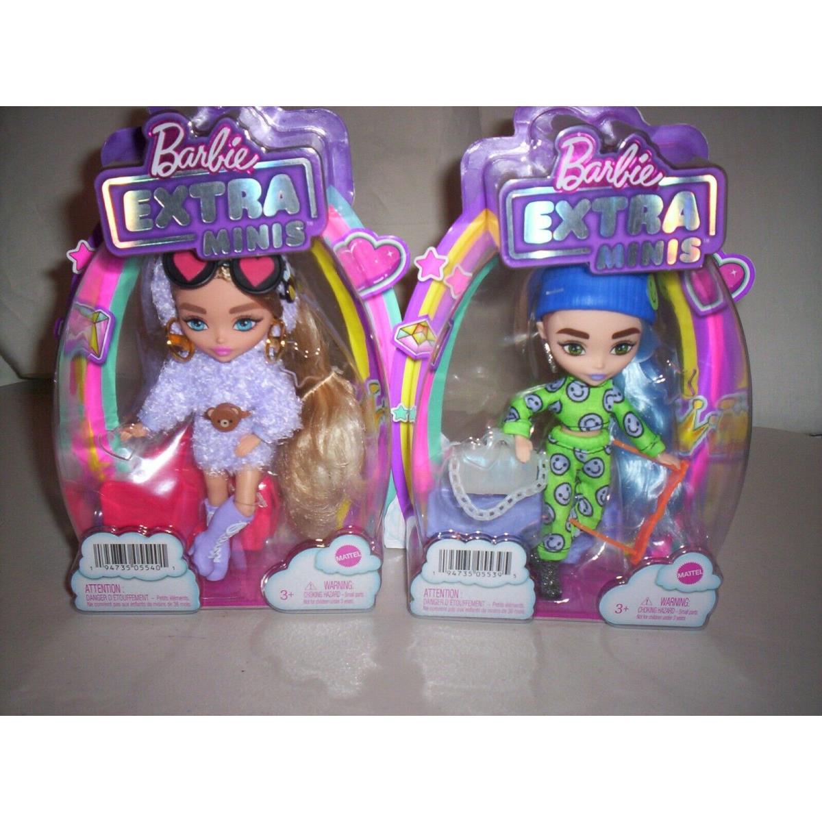 Set of 2 - 2021 Barbie Extra Minis Dolls Purple and Smiley Face