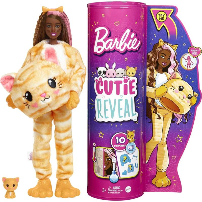Barbie Cutie Reveal Doll with Kitty Plush Costume 10 Surprises Color Change