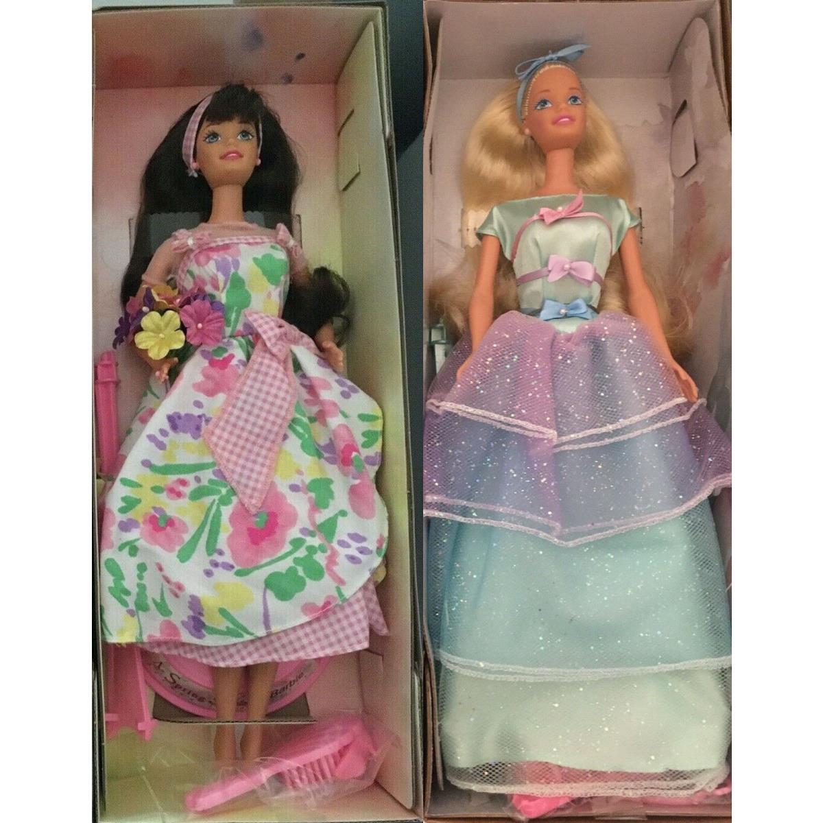 Two Mattel Barbies Spring Petals Brunette and Avon Spring Tea Party Blonde 1996