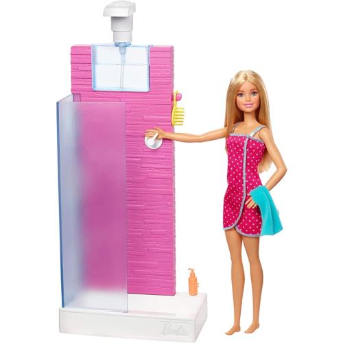 Barbie Doll and Furniture Set Bathroom with Working Shower Multicol