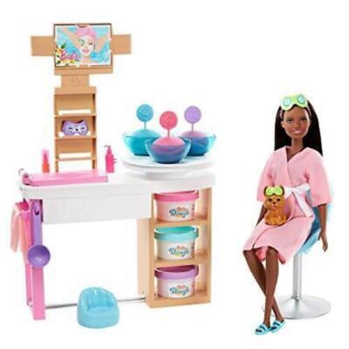 Barbie Face Mask Spa Day Playset with Brunette Barbie Doll Puppy 3 Tubs of Bar