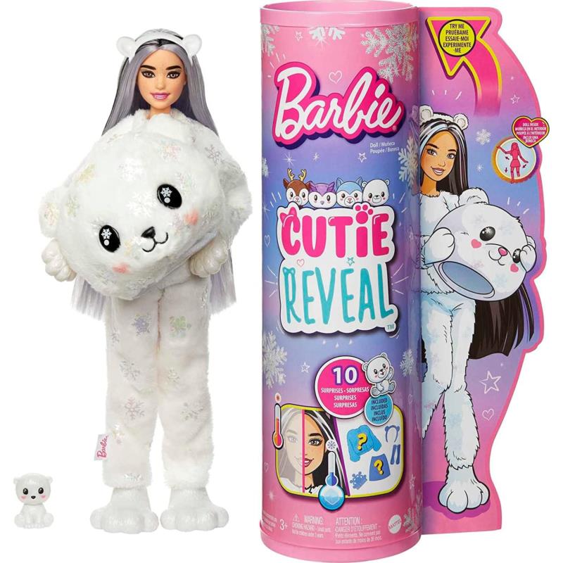 Mattel Barbie Doll Cutie Reveal Polar Bear Snowflake Sparkle Doll with 10 Surprises Pet