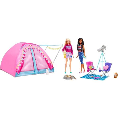 Barbie It Takes Two Camping Playset Tent 2 Dolls 20 Pieces Animals Telescope Toy