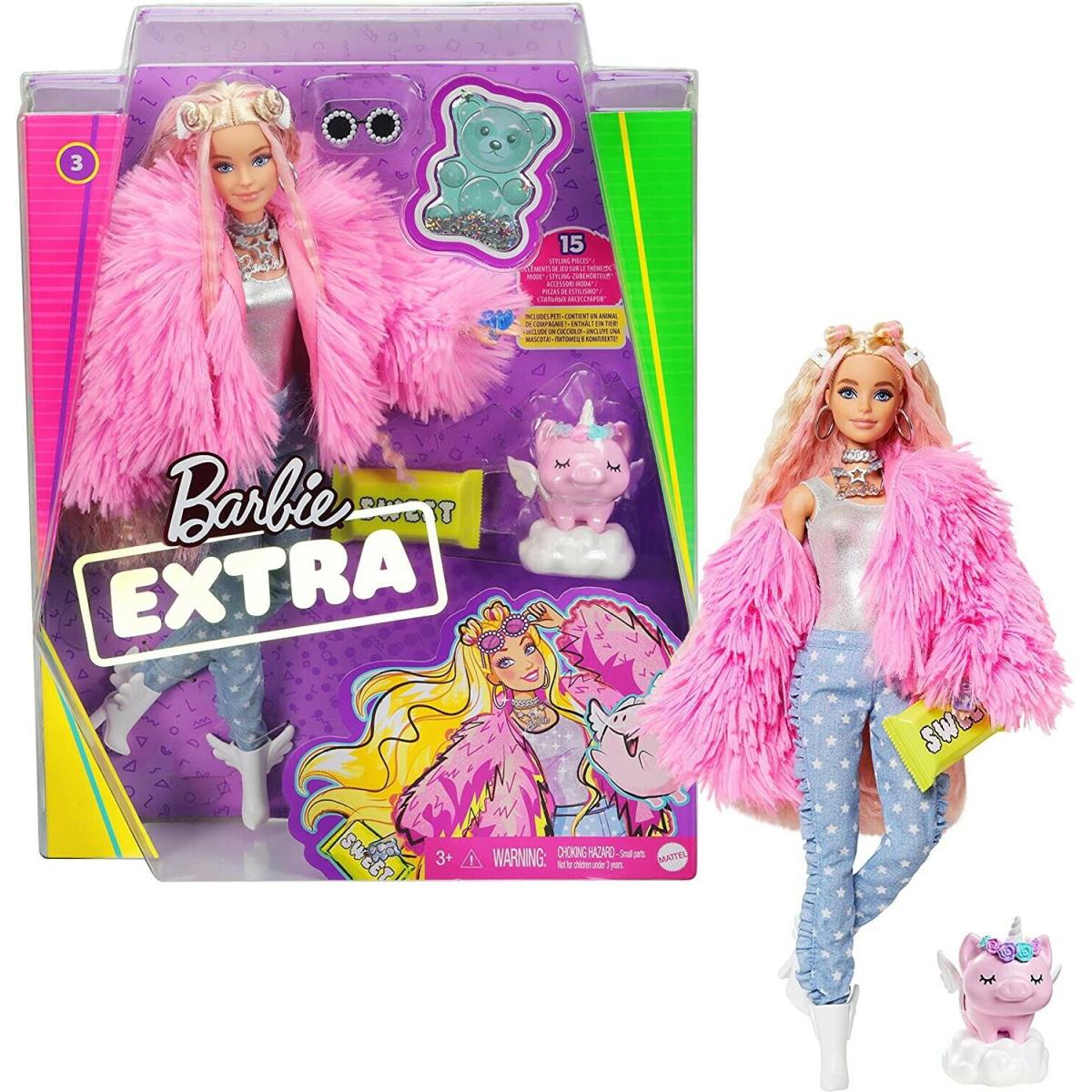Barbie Fashionista Extra 3 in Pink Coat with Pet Unicorn-pig Doll