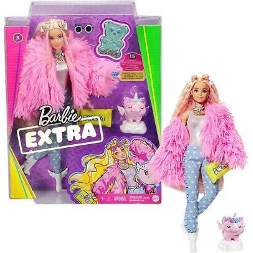 Mattel Barbie Fashionista Extra 3 in Pink Coat with Pet Unicorn-pig Doll