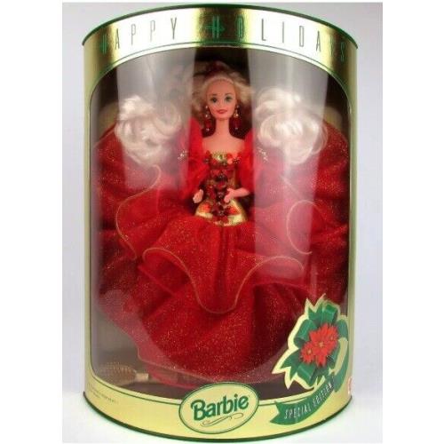 1993 Happy Holidays Barbie Doll Nrfb Blonde Hair Red Dress Mattel 10824