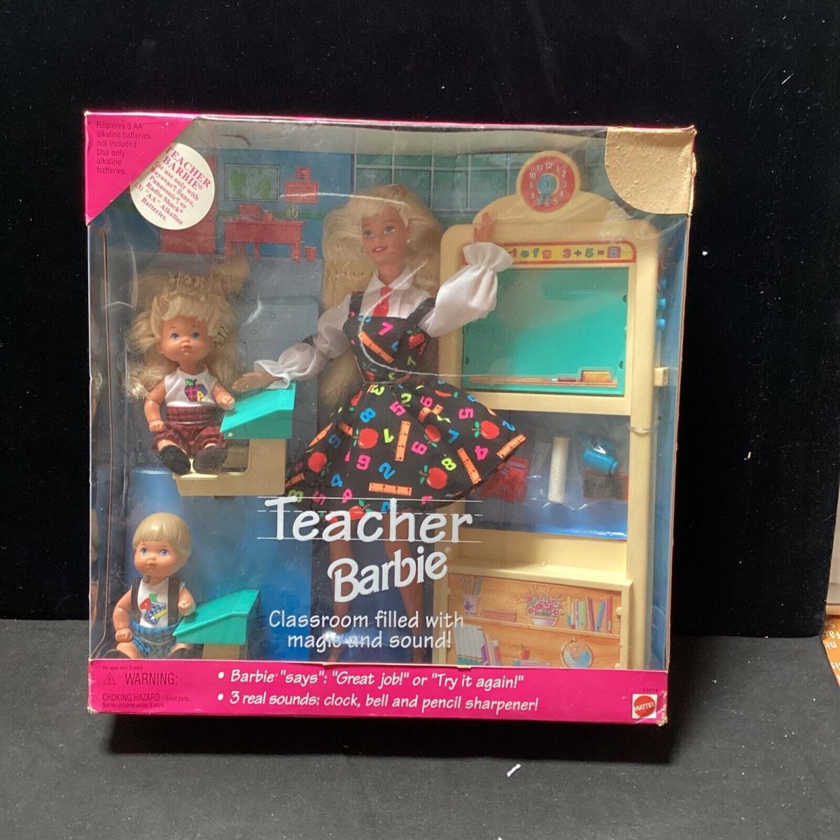 1995 Teacher Barbie Set 2 Students Desks Board Real Sounds in Pkg Mattel