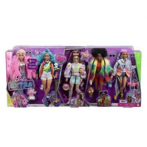 Barbie Extra Exclusive Set of 5 Dolls 6 Pets 70 Accessories Collection