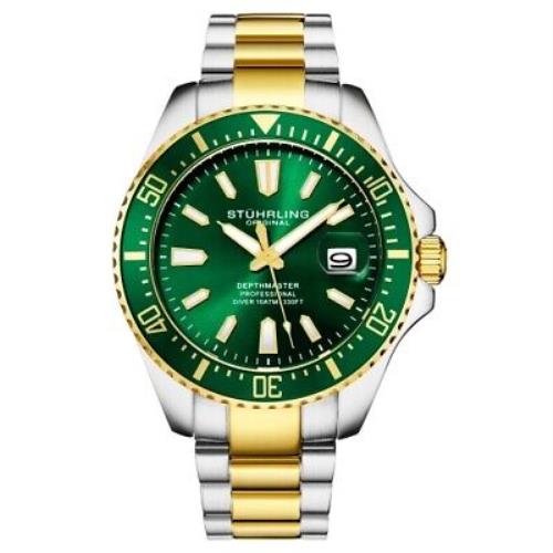 Stuhrling 3950A 6 Aquadiver Date Stainless Steel Green Dial Two Tone Mens Watch - Band: