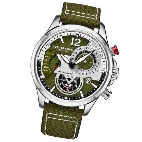 Stuhrling 908 03 Aviator Quartz Chronograph Date Green Leather Mens Watch