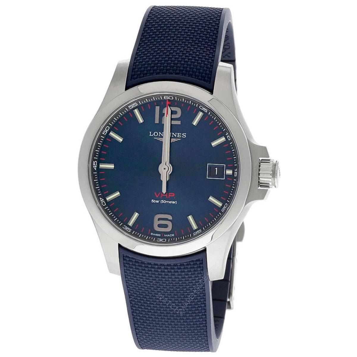 Longines Conquest V.h.p. 41MM Blue Dial Rubber Men`s Watch L3.716.4.96.9 - Dial: Blue, Band: Blue, Bezel: Silver