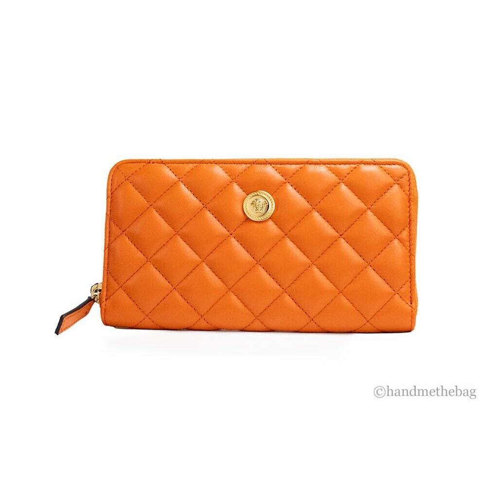 Versace Large Dark Orange Quilted Smooth Leather Continental Clutch Zip Wallet