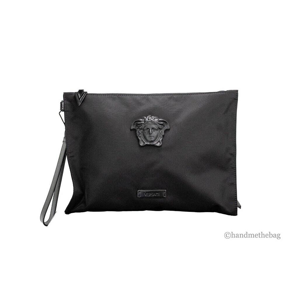 Versace Large Black Nylon Fabric Medusa Convertible Pouch Clutch Wristlet Bag