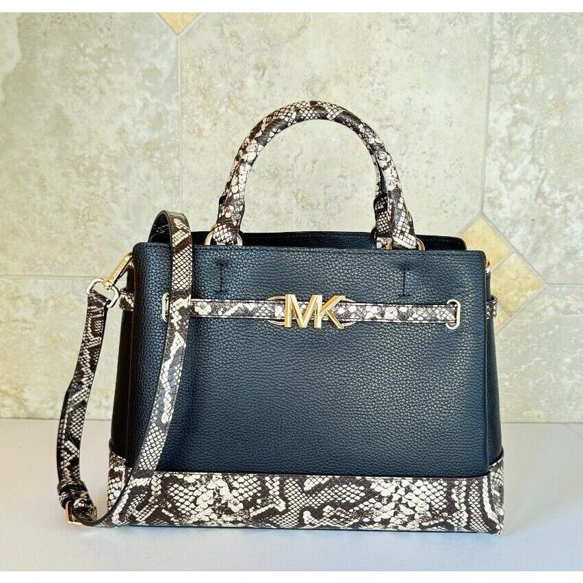 Michael Kors Reed Large Belted Satchel Shoulder Crossbody Bag NATURAL/BLACK EXOTIC ACCENTS