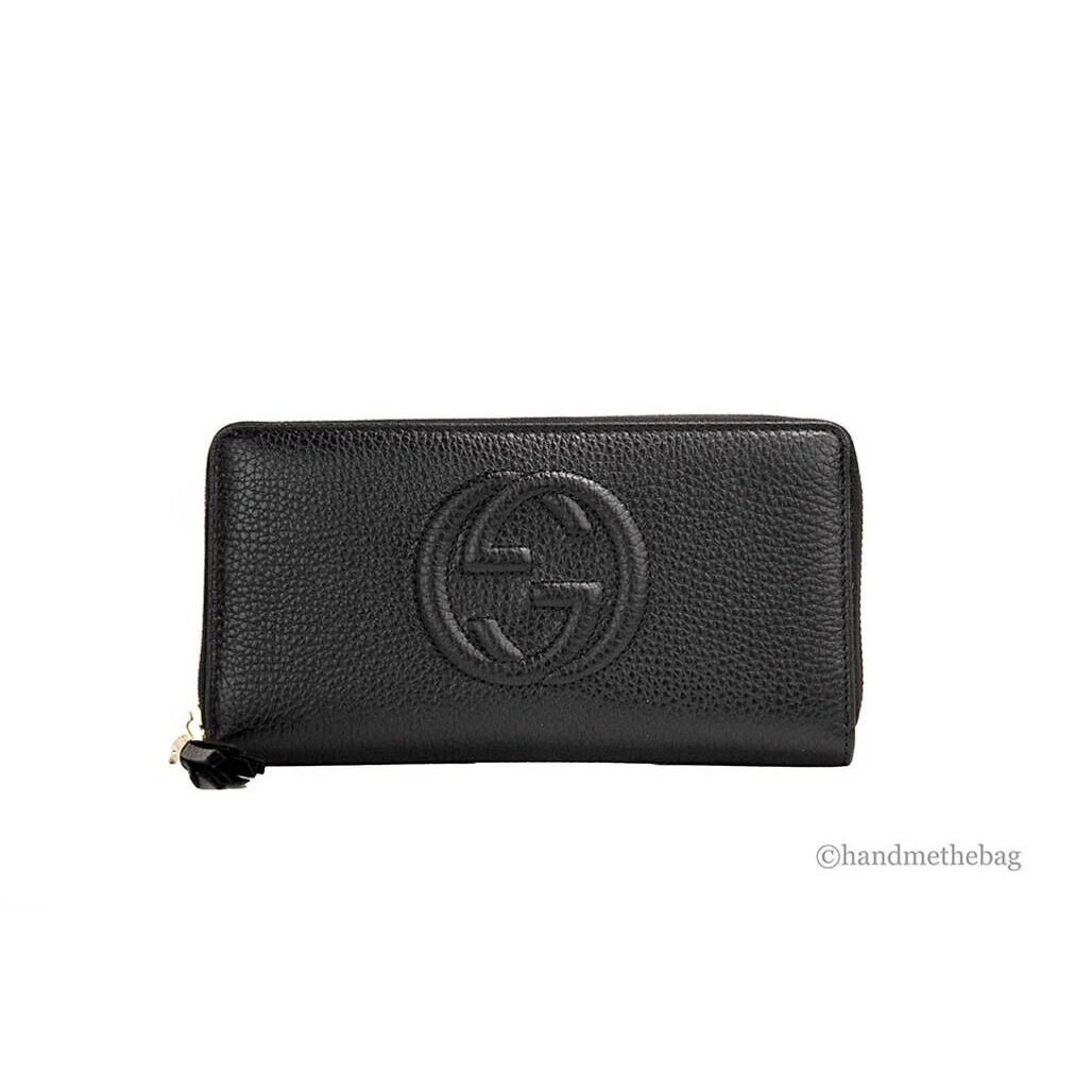 Gucci Soho Cellarius Double Logo Black Pebbled Leather Zip Around Clutch Wallet