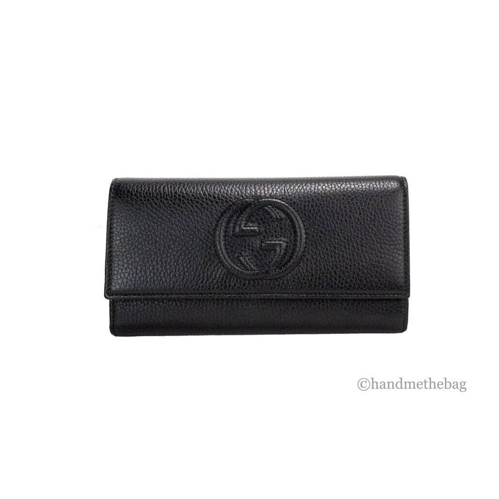 Gucci Soho Cellarius Double Logo Black Pebbled Leather Snap Flap Clutch Wallet