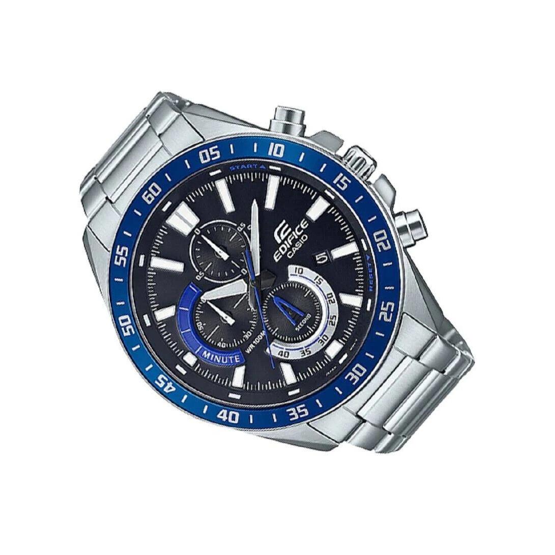 Casio Edifice EFV620D-1A2 Chronograph Stainless Steel Blue Bezel Men`s Watch - Dial: Black, Band: Silver, Bezel: Blue