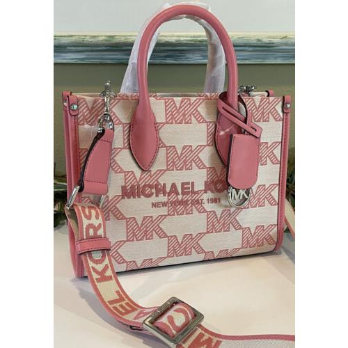 Michael Kors Mirella Small Shopper Top Zip Crossbody Tea Rose Pink Jacquard  MK